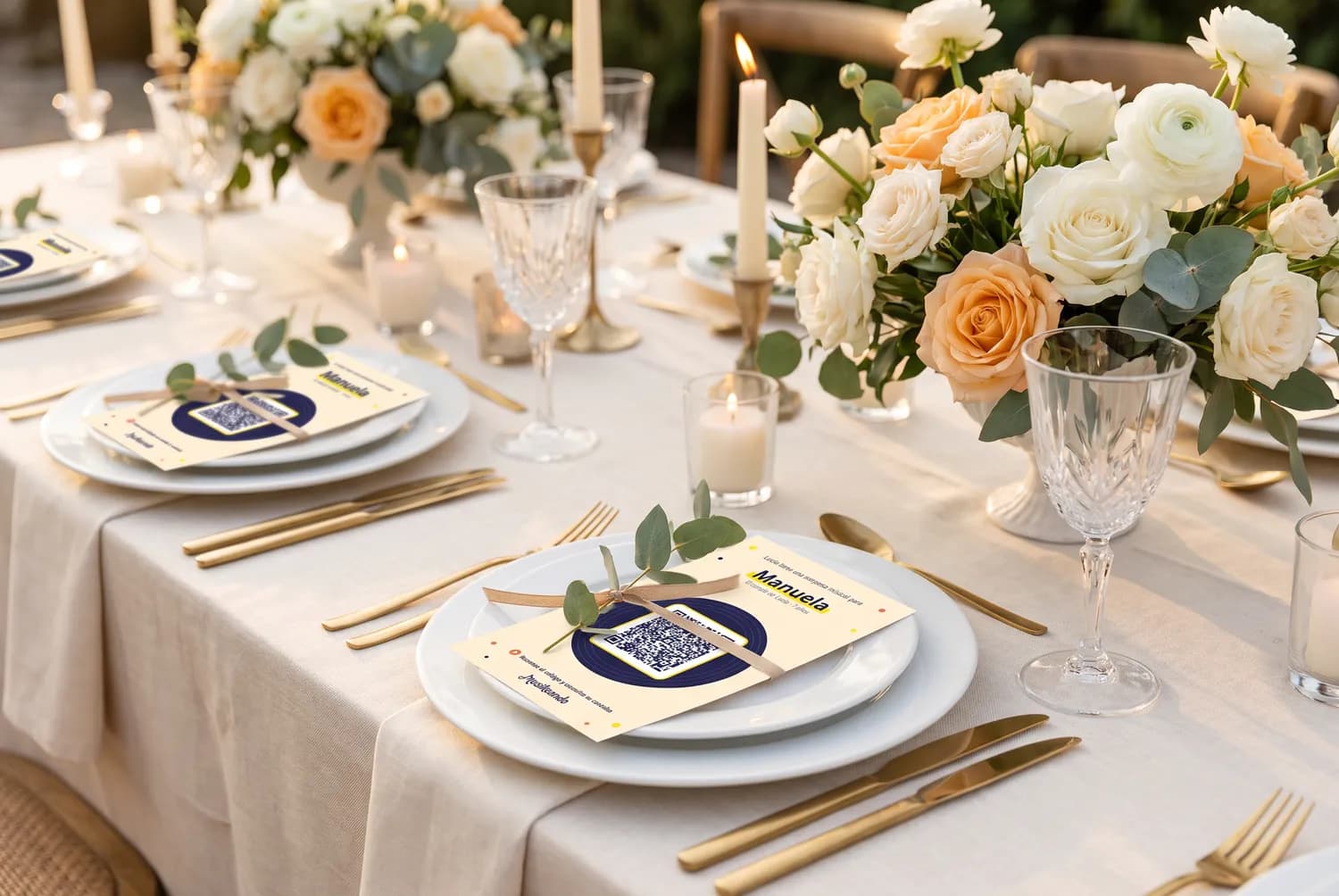 Wedding table with a QR code card and personalized song on every plate