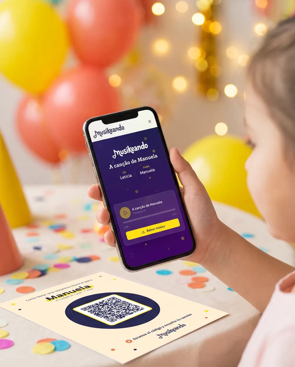 Phone showing the personalized song page after scanning the QR code on a guest card