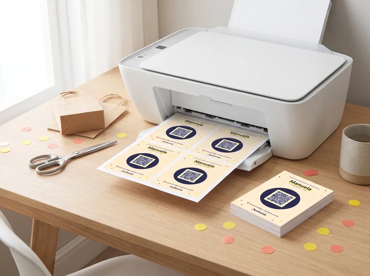 Home printer printing an A4 sheet with four QR code cards